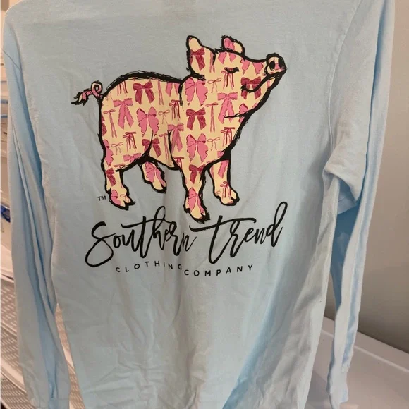 Comfort Colors Sky Blue Tee with Pink Bow and Pig - Picture 2 of 4